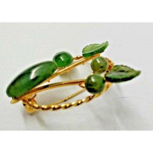 Vintage Green Jade Floral Spray Gold Tone Brooch 1.5" X 2" - Picture 8 of 10